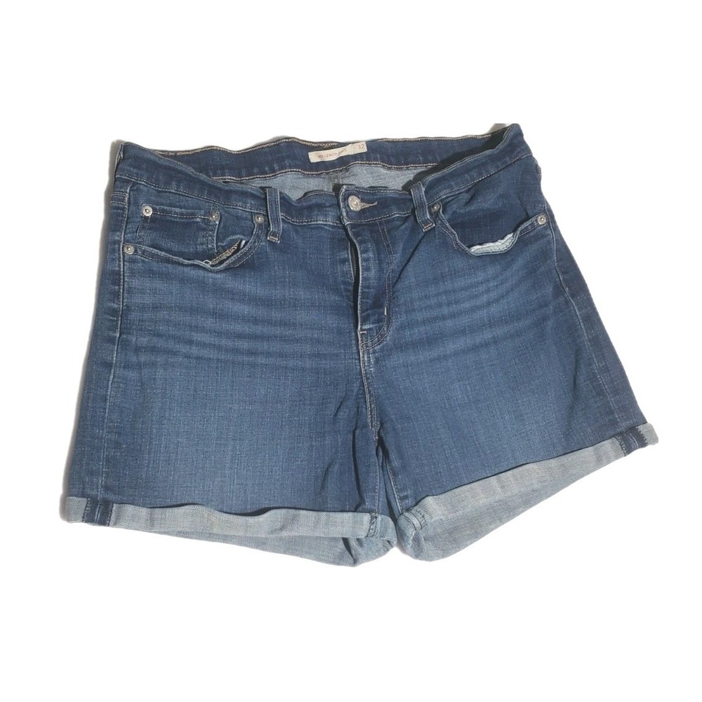 Levi's Mid Length Denim Shorts Womens Size 32 Blue Cuffed Stretch Jean Med Wash